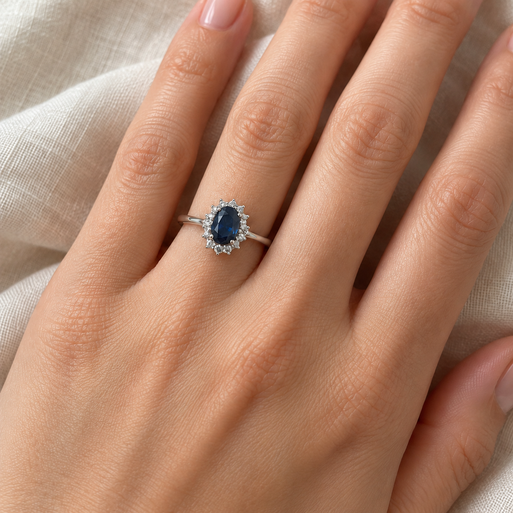 Blue sapphire and diamond halo ring in 14k white gold on left hand over ivory linen