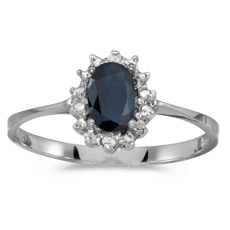 Blue sapphire and diamond halo ring in 14k white gold, product main view