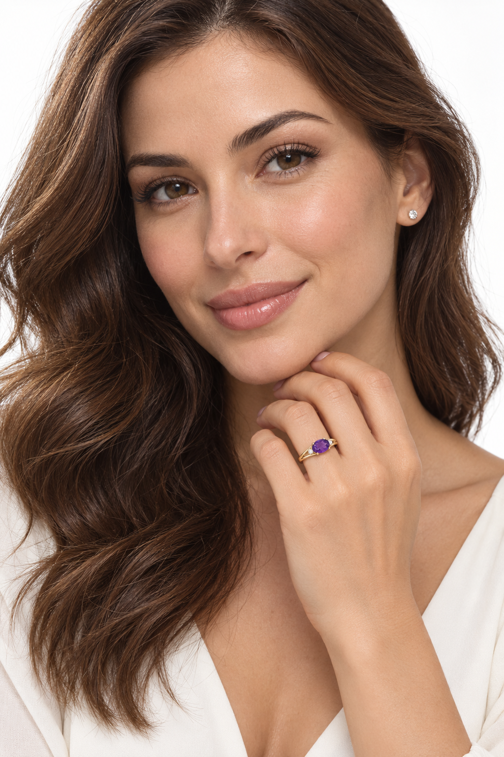 Oval Amethyst & Diamond Right-Hand Ring 14K Yellow Gold (0.45ct) — face-visible studio portrait on left ring finger