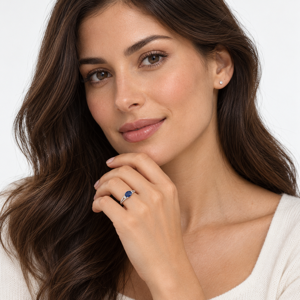 Oval Blue Sapphire & Diamond Right-Hand Ring 14K White Gold (0.55ct) — face-visible studio portrait