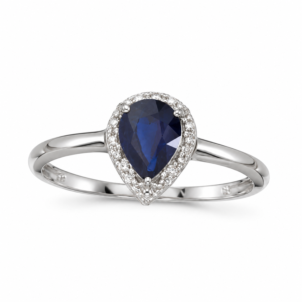 Natural pear blue sapphire and diamond halo ring in 14K white gold, main product view