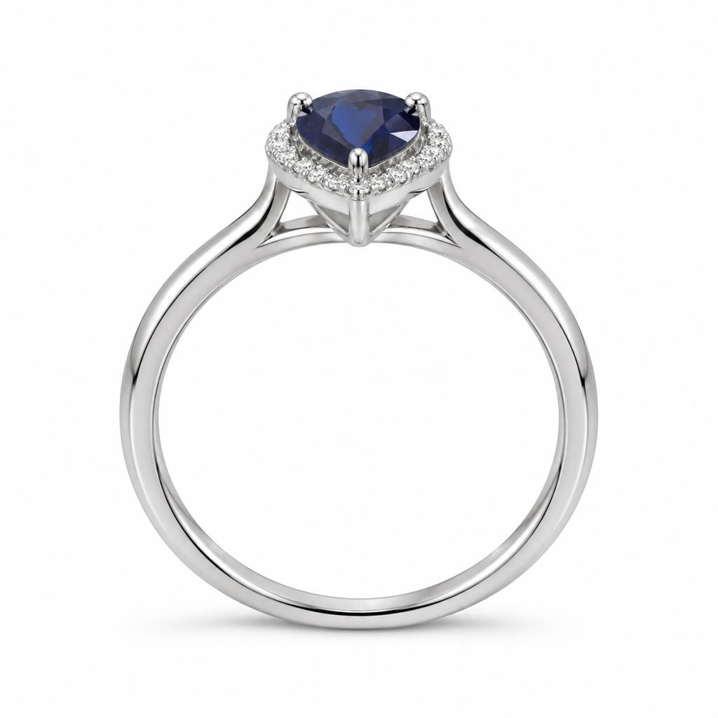 Natural pear blue sapphire and diamond halo ring in 14K white gold, true side profile