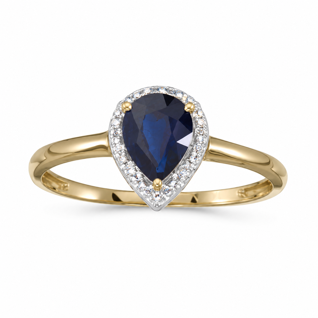 Natural pear blue sapphire and diamond halo ring in 14K yellow gold, main product view