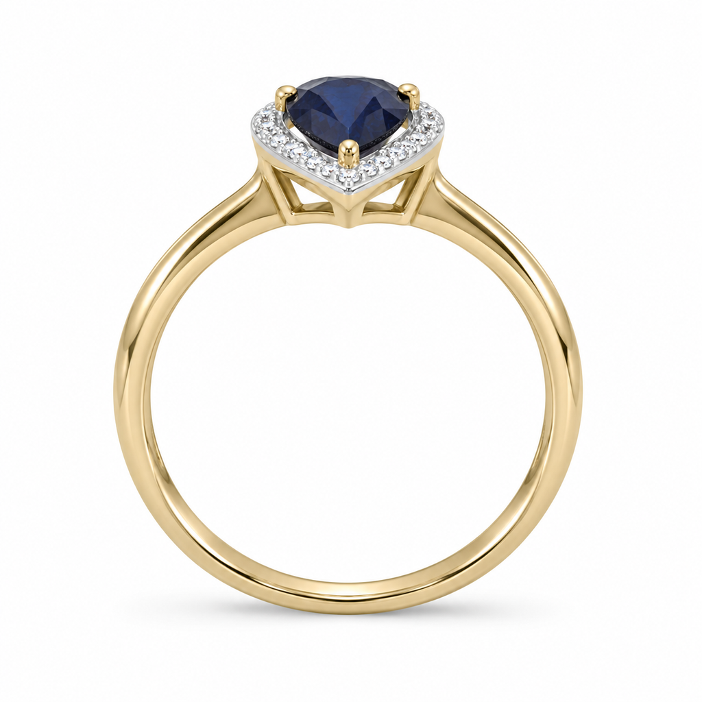 Natural pear blue sapphire and diamond halo ring in 14K yellow gold, true side profile