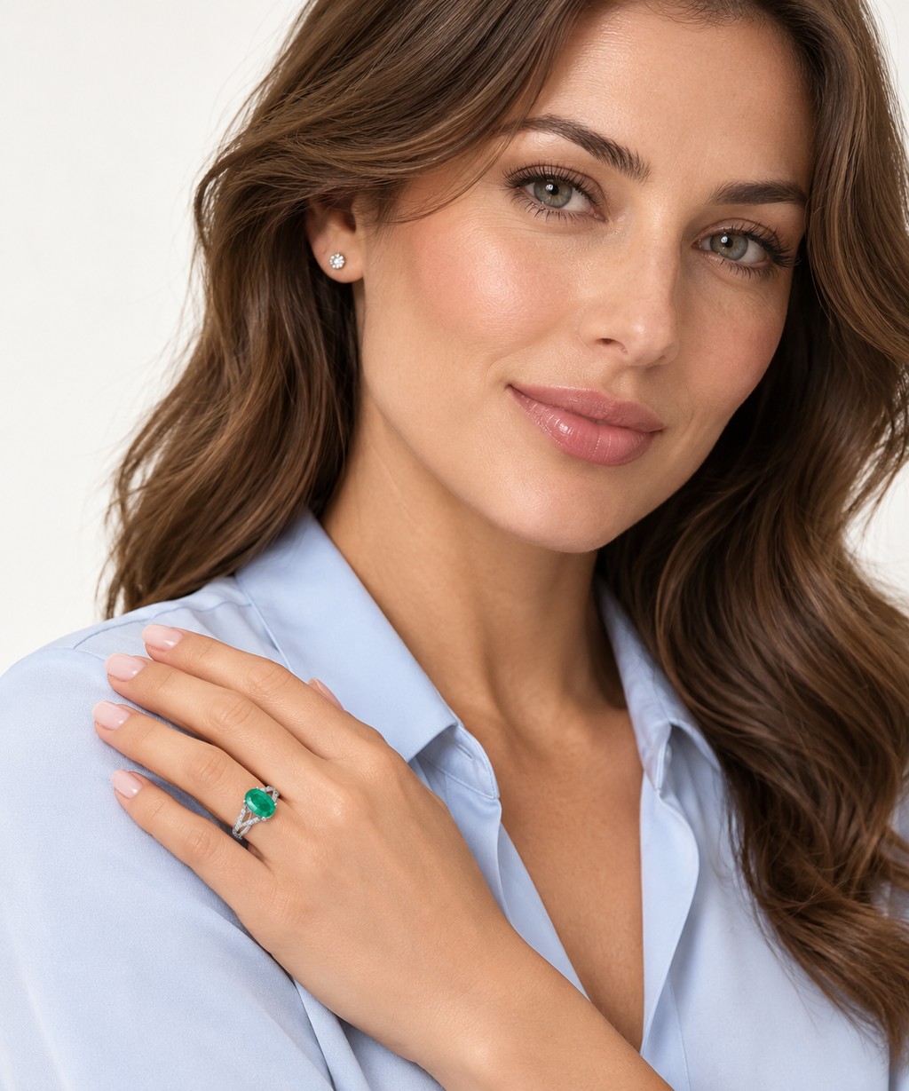 Oval Emerald and Diamond Cocktail Ring 14K White Gold (1.12tcw) — face-visible studio portrait, ring on left ring finger