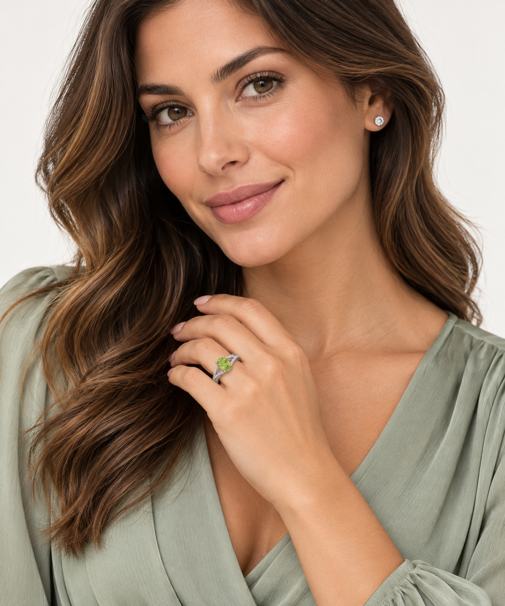 Oval Peridot and Diamond Cocktail Ring in 14K White Gold (1.37 ctw) — face-visible studio portrait, ring on left ring finger