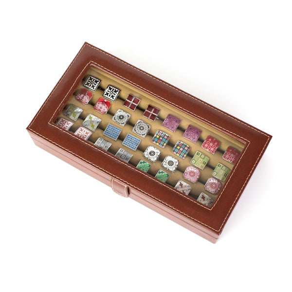 Twenty-pair Cufflinks Box Storage Case Brown Leather