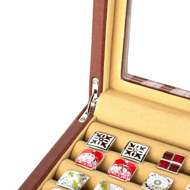 Twenty-pair Cufflinks Box Storage Case Brown Leather