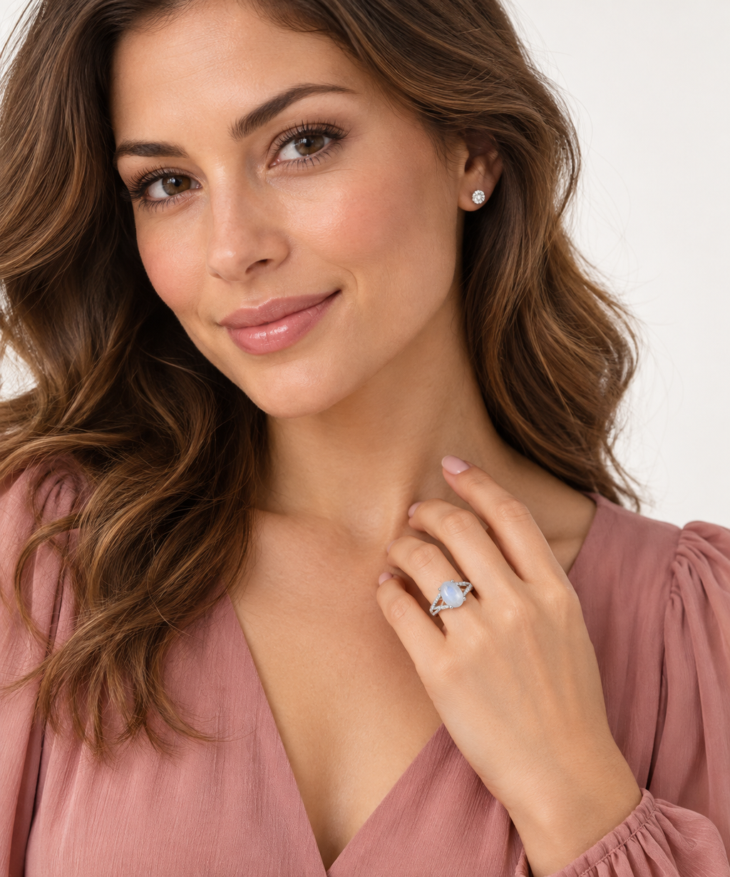Oval Opal and Diamond Cocktail Ring 14K White Gold (0.70ct) — face-visible studio portrait, ring on left ring finger