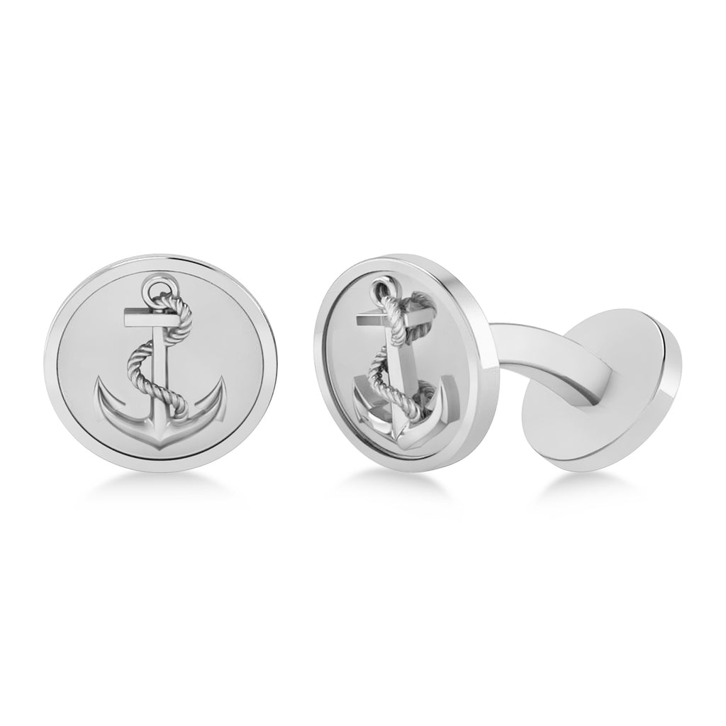 Men's Nautical Anchor Cufflinks 14k White Gold