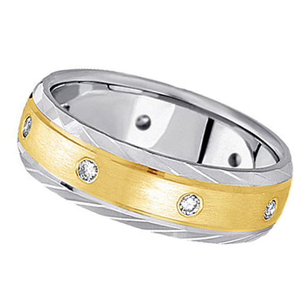 Men's Burnish-Set Diamond Wedding Band in Two Tone 14k Gold (0.4 ctw)
