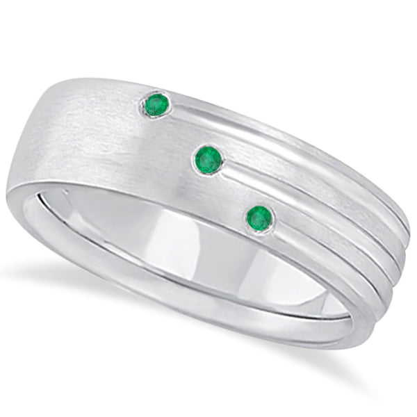Mens Shooting Star Emerald Wedding Ring Band 14k White Gold (0.15ct)