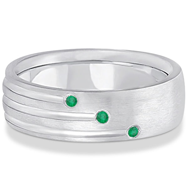 Mens Shooting Star Emerald Wedding Ring Band 14k White Gold (0.15ct)