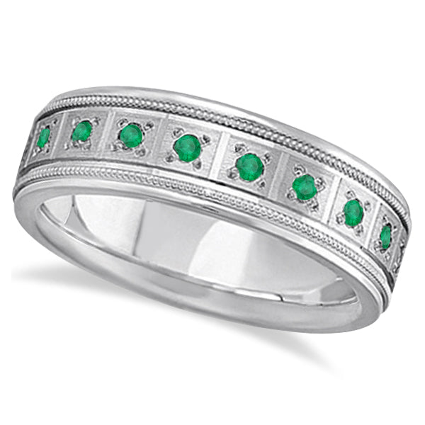 Emerald Ring for Men Wedding Band 14k White Gold (0.80ctw)