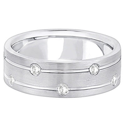 Mens Wide Band Diamond Wedding Ring w/ Grooves 14k White Gold (0.40ct)