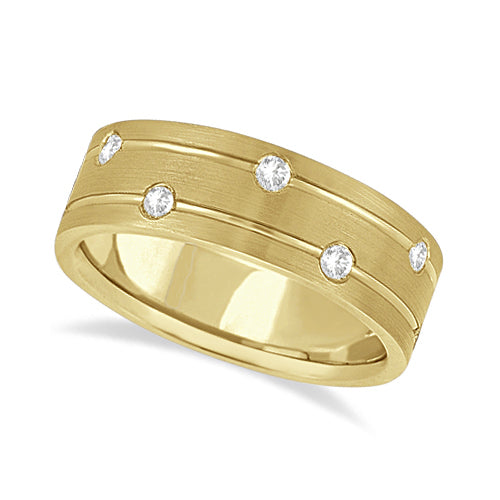 Mens Wide Band Diamond Wedding Ring w/ Grooves 18k Yellow Gold (0.40ct)