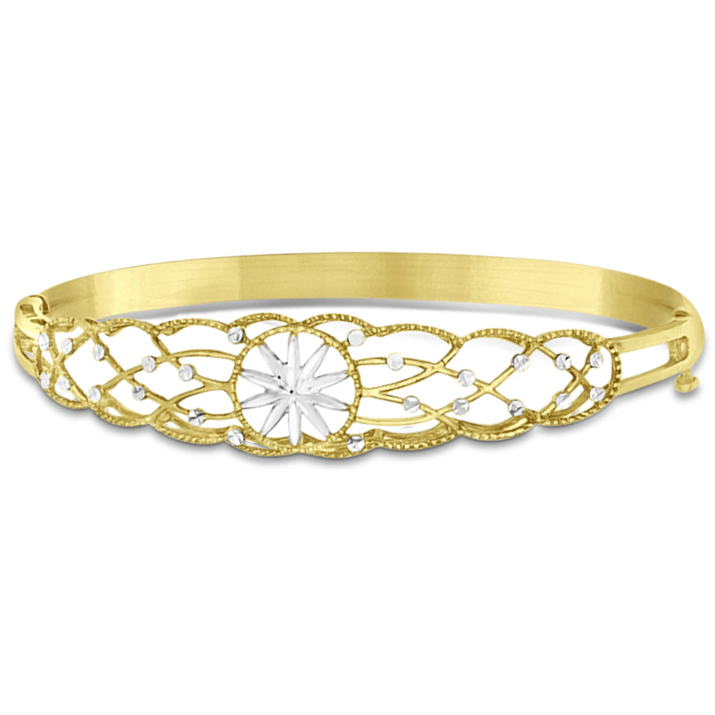 Diamond-Cut Starburst Bangle Bracelet 14k Two Tone Gold