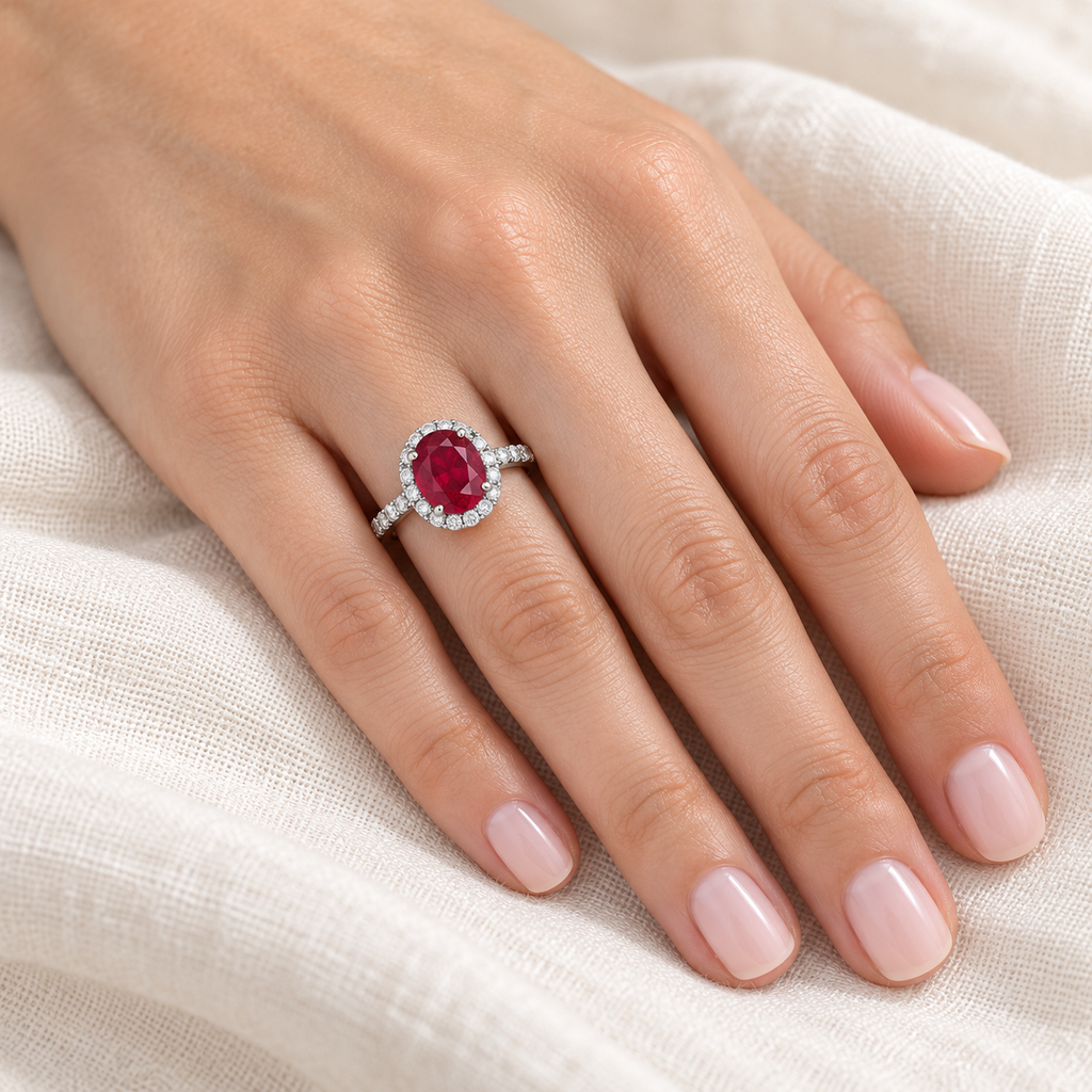 Oval natural ruby and diamond halo engagement ring in 14k white gold on left hand over ivory linen