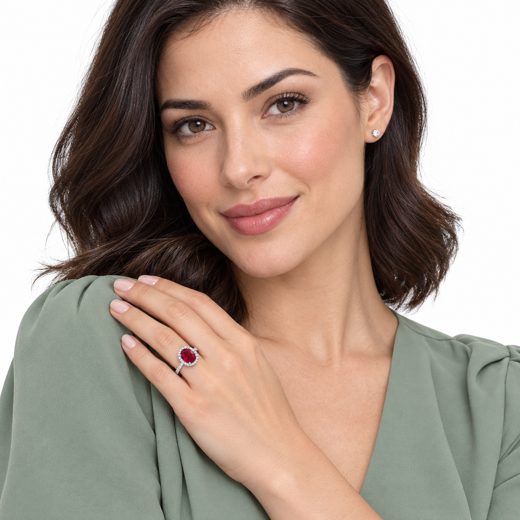 Woman wearing oval natural ruby and diamond halo engagement ring in 14k white gold on left ring finger