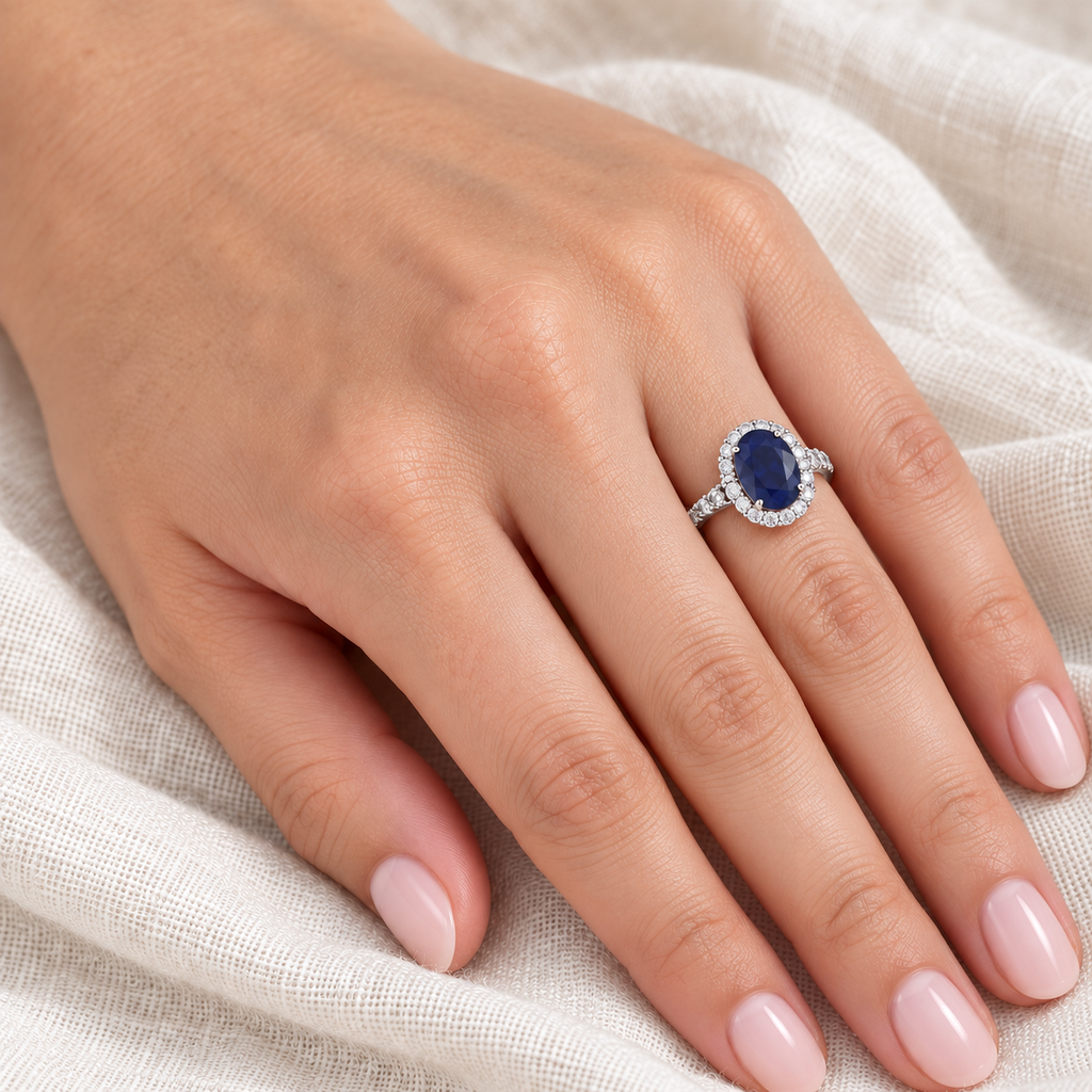 Oval blue sapphire and diamond halo engagement ring in 14k white gold on left ring finger over ivory linen, 3.92ct