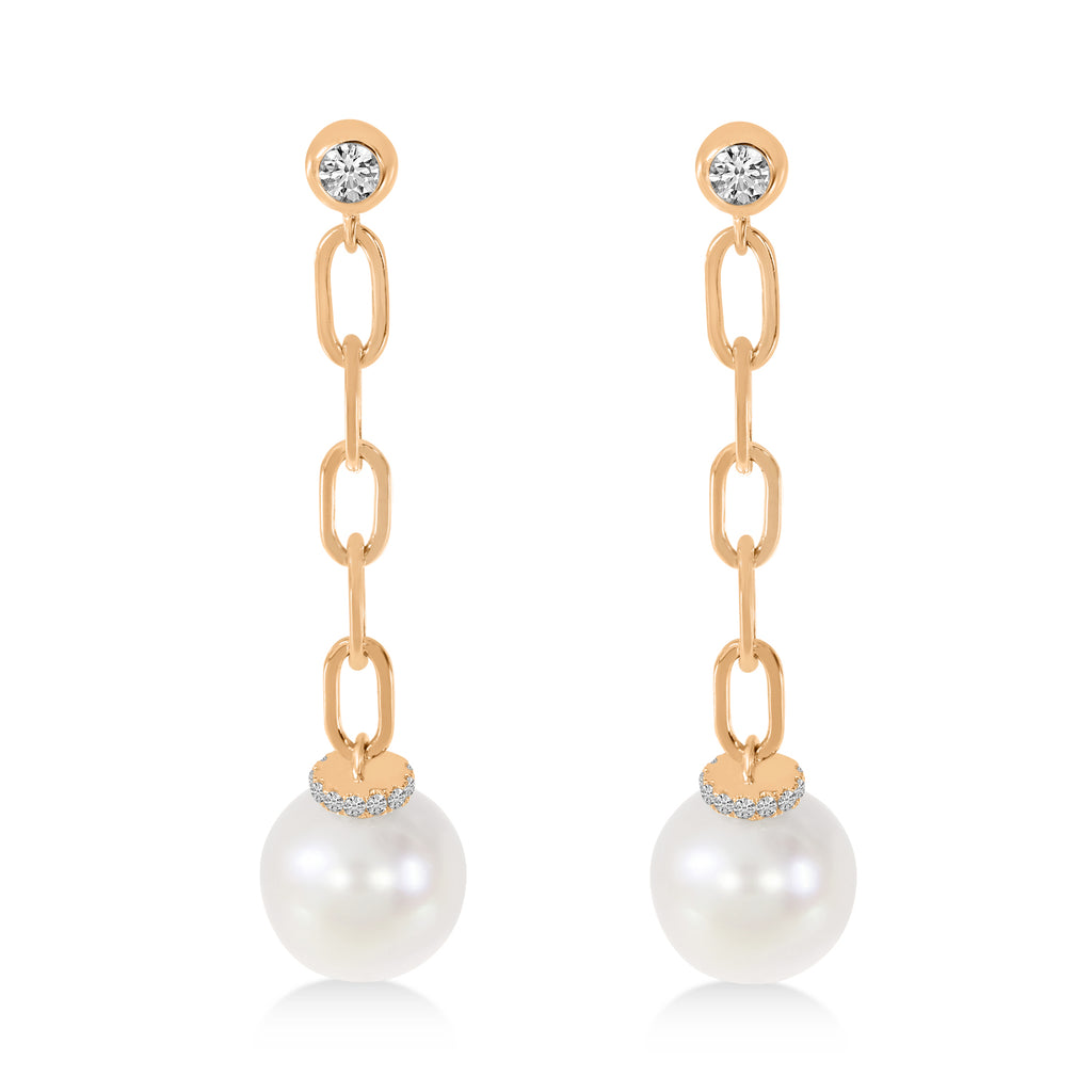 Diamond & Pearl Paperclip Link Earrings 14k Rose Gold (0.15ct)