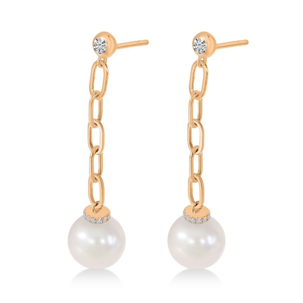 Diamond & Pearl Paperclip Link Earrings 14k Rose Gold (0.15ct)