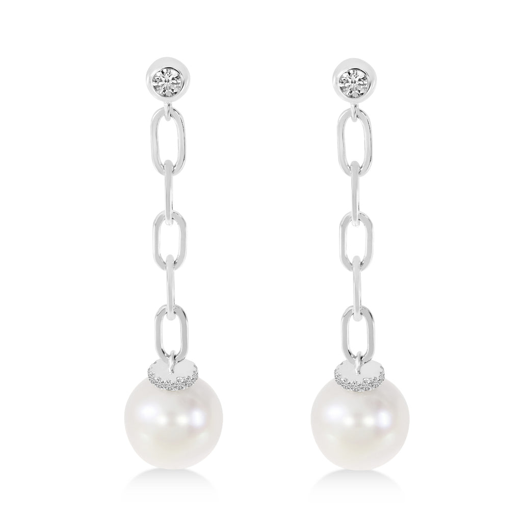 Diamond & Pearl Paperclip Link Earrings 14k White Gold (0.15ct)