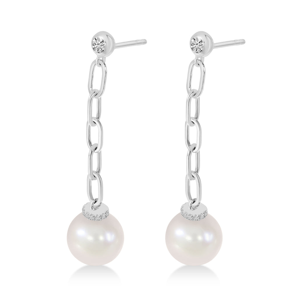 Diamond & Pearl Paperclip Link Earrings 14k White Gold (0.15ct)