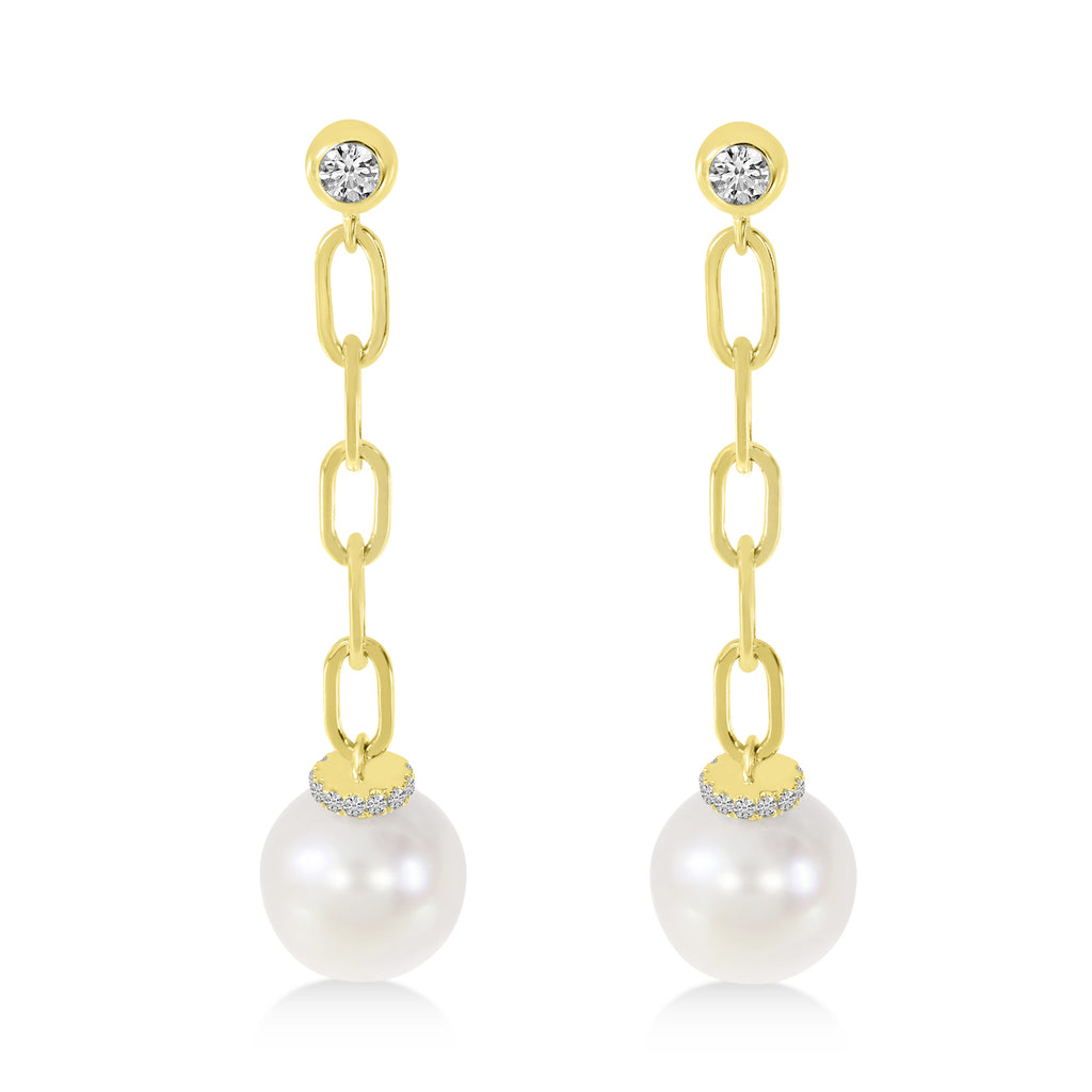 Diamond & Pearl Paperclip Link Earrings 14k Yellow Gold (0.15ct)