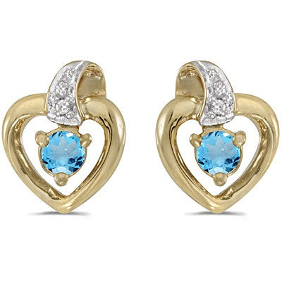 Blue Topaz and Diamond Heart Earrings 14k Yellow Gold (0.20ctw)