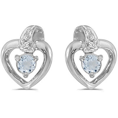 Aquamarine and Diamond Heart Earrings 14k White Gold (0.20ct)