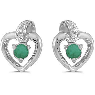 Emerald and Diamond Heart Earrings 14k White Gold (0.20ct)