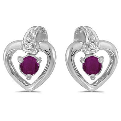 Ruby and Diamond Heart Earrings 14k White Gold (0.30ct)