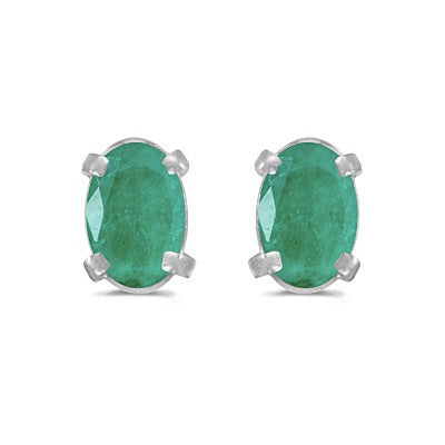 Oval Emerald Studs May Birthstone Earrings 14k White Gold (0.90ct)