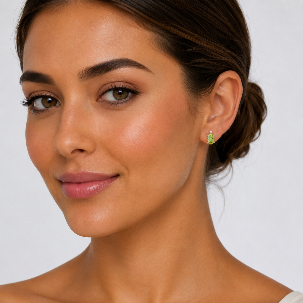 Oval Peridot and Diamond Studs Earrings 14k Yellow Gold (1.12ct)