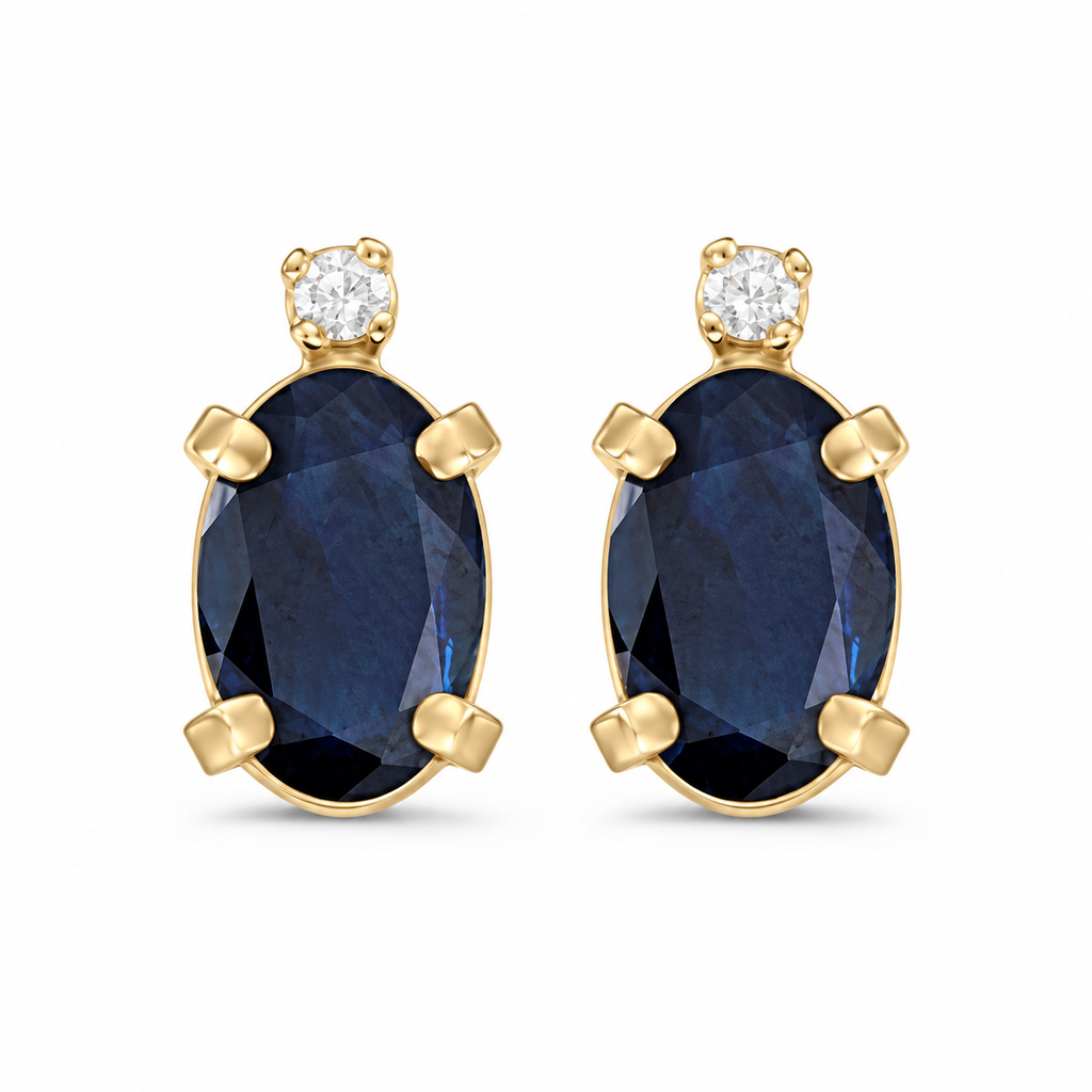 Oval Blue Sapphire and Diamond Studs Earrings 14k Yellow Gold (1.12ct)