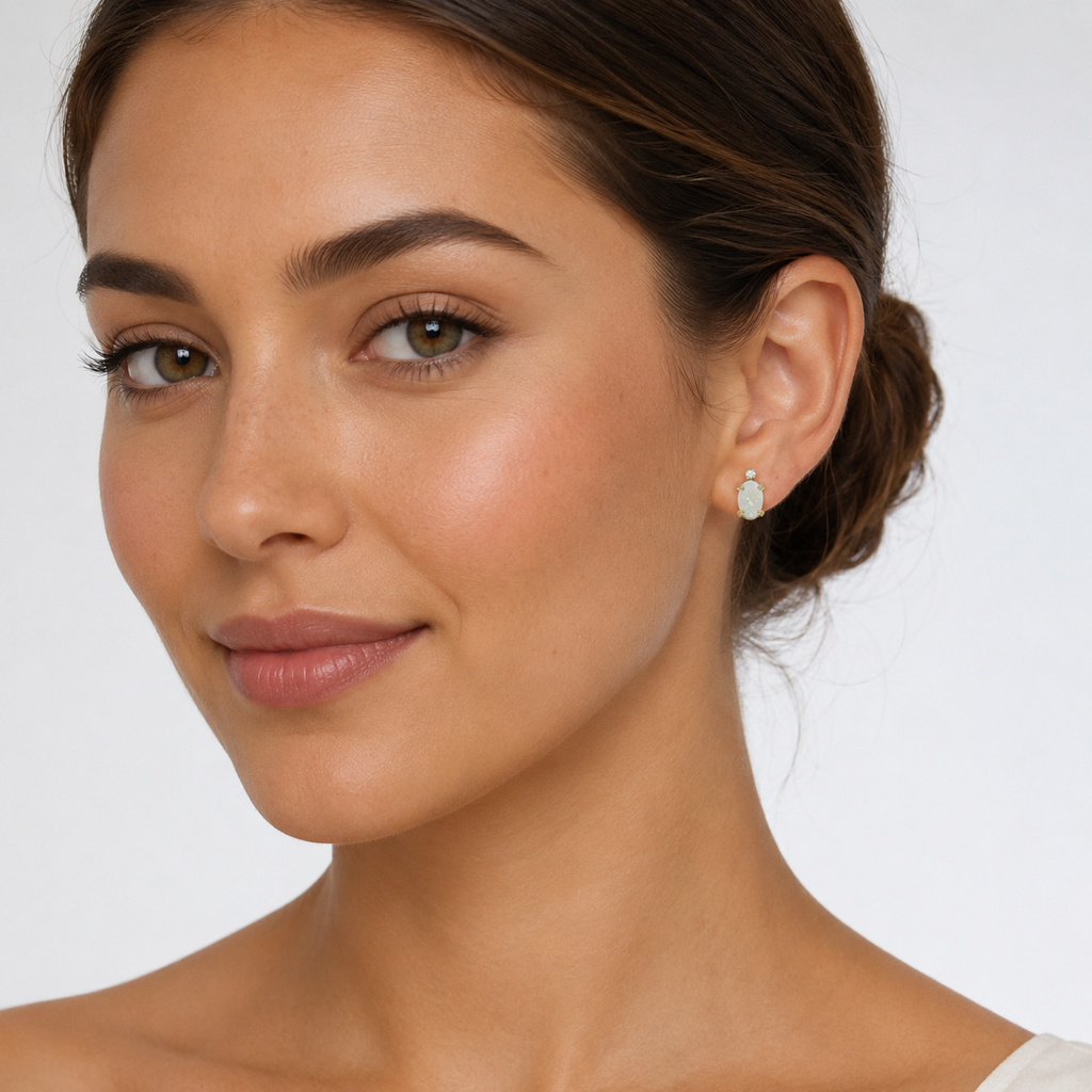 Oval Opal and Diamond Studs Earrings 14k Yellow Gold (1.12ct)