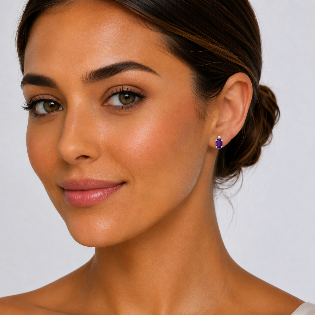 Oval Amethyst and Diamond Studs Earrings 14k White Gold (0.90ct)