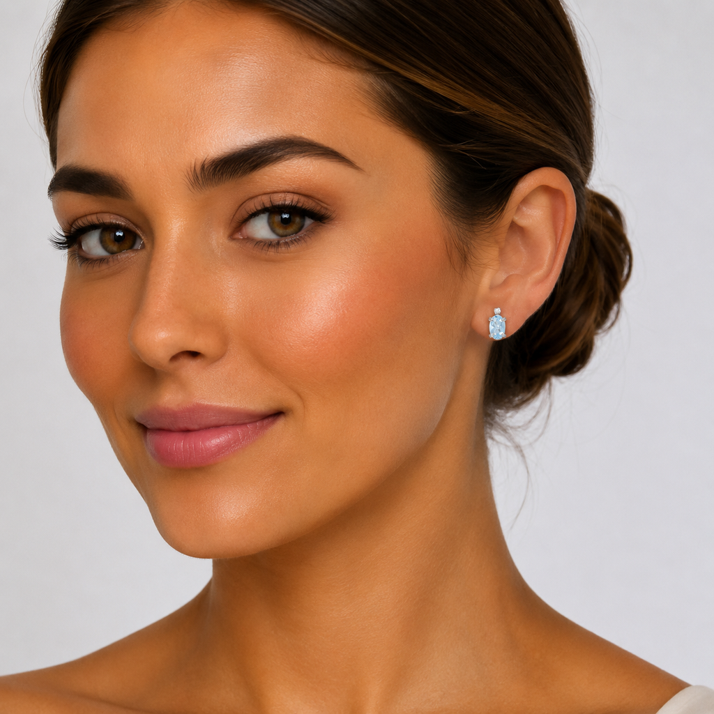 Oval Aquamarine and Diamond Studs Earrings 14k White Gold (0.80ct)