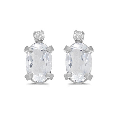 Oval White Topaz and Diamond Stud Earrings 14k White Gold (1.14ct)