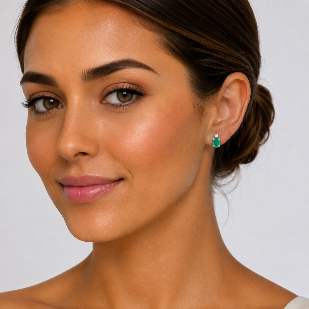 Oval Emerald and Diamond Studs Earrings 14k White Gold (0.90ct)