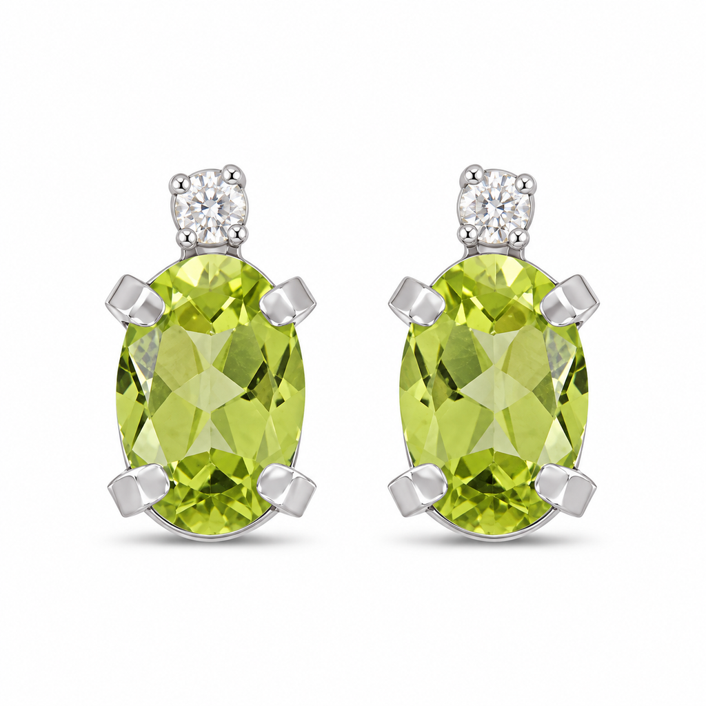 Oval Peridot and Diamond Studs Earrings 14k White Gold (1.12ct)