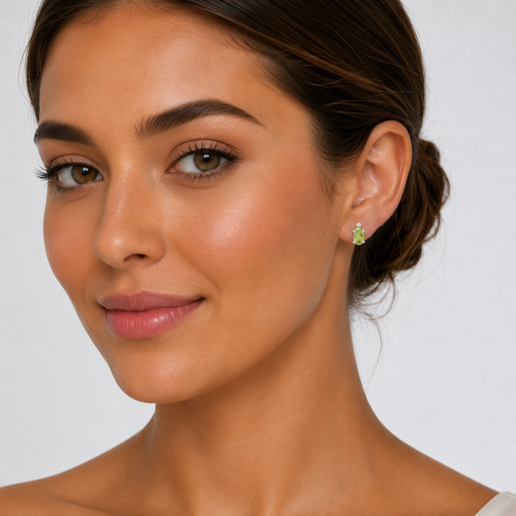 Oval Peridot and Diamond Studs Earrings 14k White Gold (1.12ct)