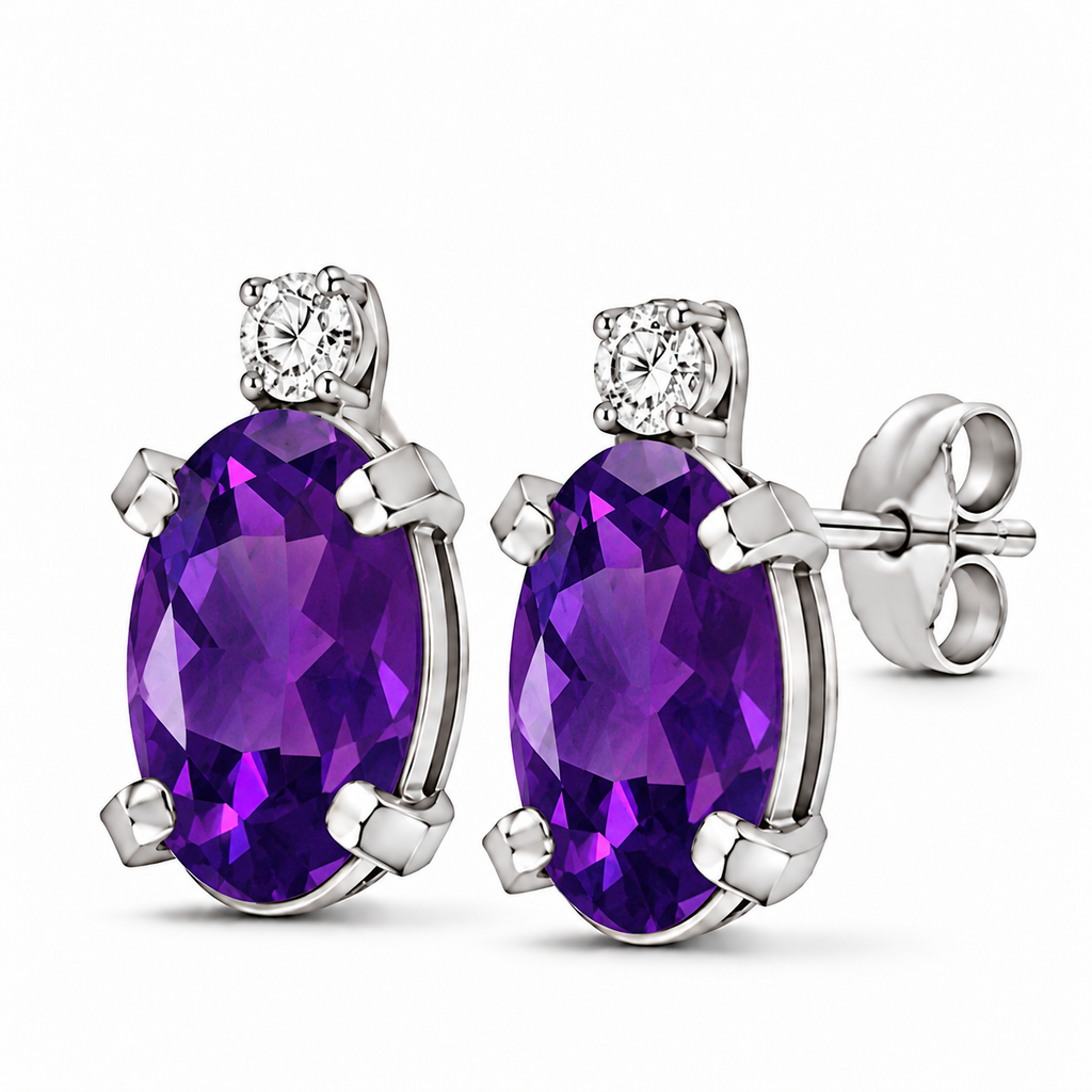 Oval Amethyst and Diamond Stud Earrings 14K White Gold - angled view