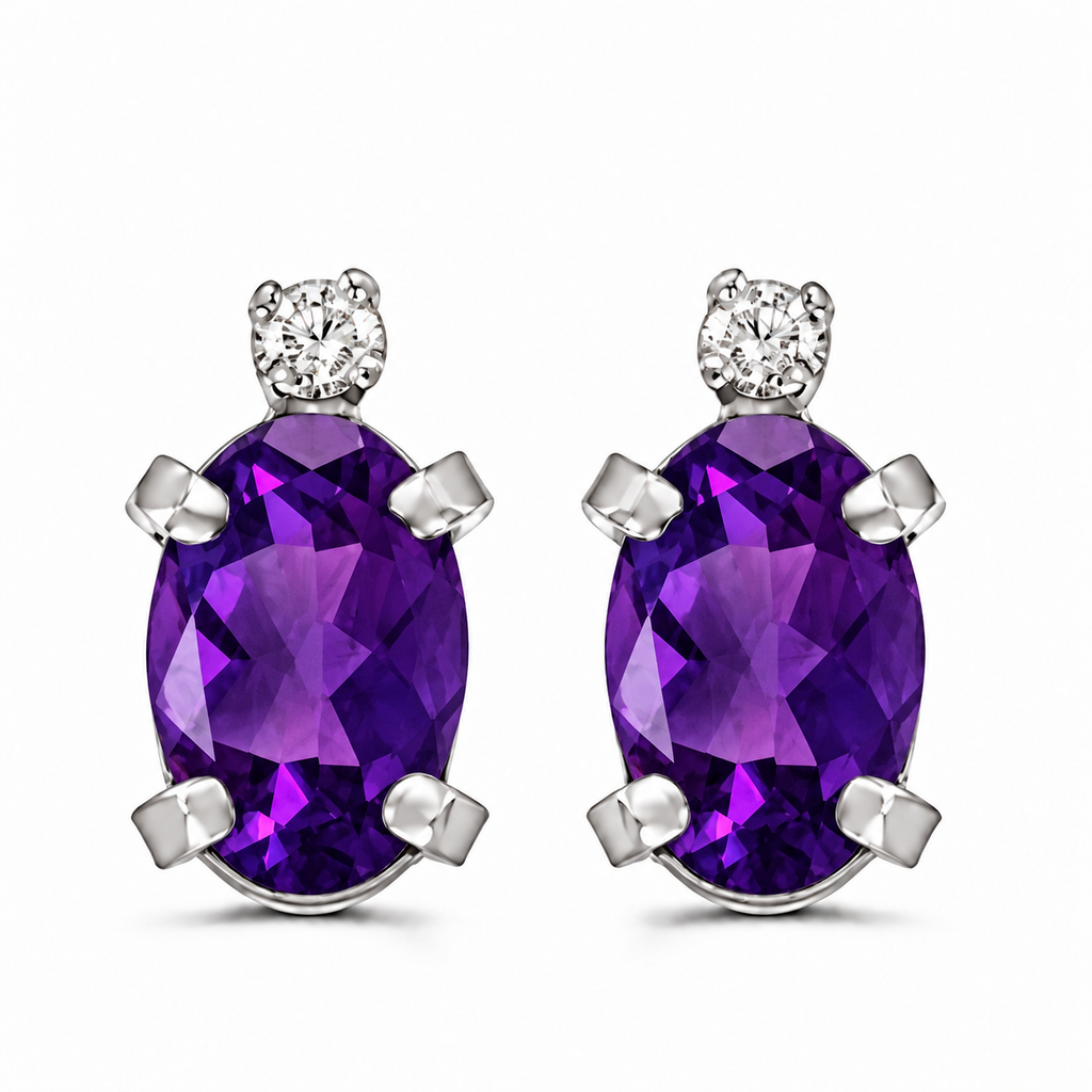 Oval Amethyst and Diamond Stud Earrings 14K White Gold - front view