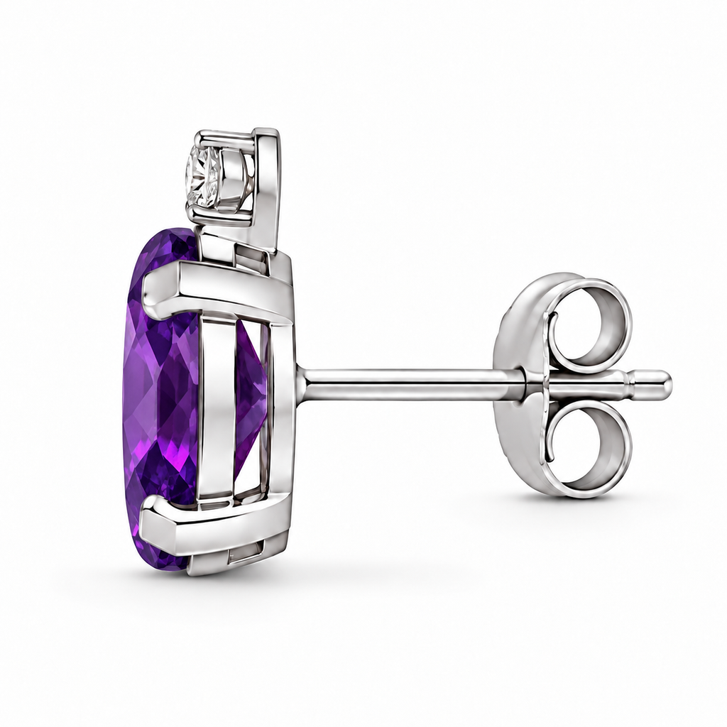 Oval Amethyst and Diamond Stud Earrings 14K White Gold - side view