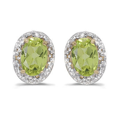 Oval Lab Peridot & Lab Diamond Halo Stud Earrings 14K Yellow Gold 6x4mm