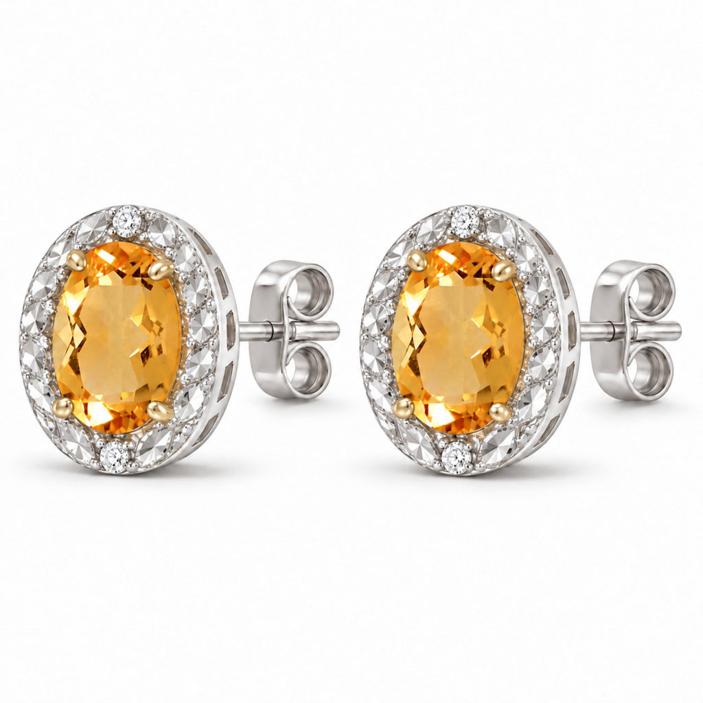 Oval Lab Citrine & Lab Diamond Halo Stud Earrings 14K Yellow Gold 6x4mm