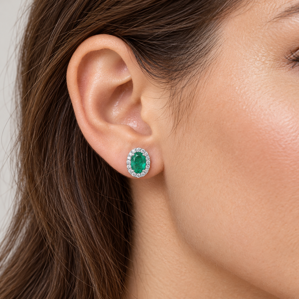Oval Lab Emerald & Lab Diamond Halo Stud Earrings 14K White Gold 0.92ct, close-up model view