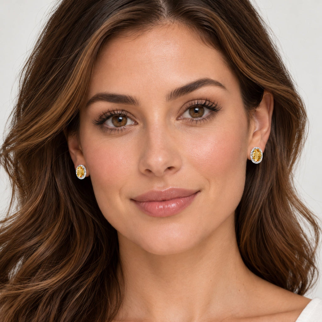 Oval Lab Citrine & Lab Diamond Halo Stud Earrings 14K Yellow Gold 0.94ct, full-face model view